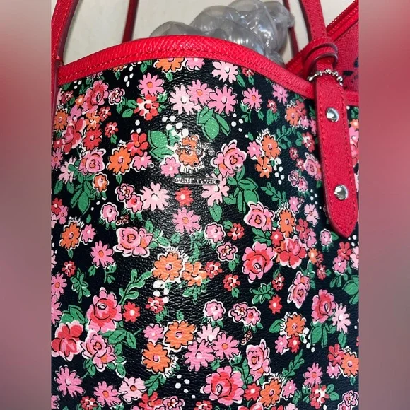Coach Reversible Red and Pink Floral Tote Bag with wristlet. - Picture 6 of 16